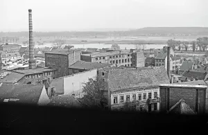 Frankfurt / Oder, Blick vom Turm der Sankt Gertraud Kirche auf das teils zerstörte und im Wiederaufbau befindliche Frankfurt an der Oder, Deutschland 1949.