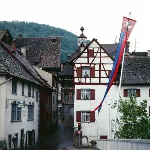 Blick auf traditionelle Häuser in Stein am Rhein, Schweiz