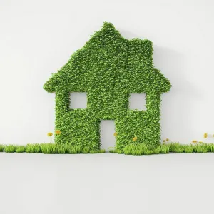 Energy Efficient Homes Drucke: 3D Rendering, House from grass on wall, copy space