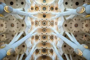 Barcelona Church Interior Drucke: Low angle interior view of vaulting, Sagrada Familia, Barcelona, Catalonia, Spain