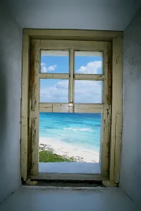 Latin America Coastal Scenery Drucke: Beach viewed from a window of a lighthouse, Punta Celarain Lighthouse, Cozumel, Mexico
