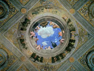 Drucke von Kamera der Verlobten: Deckenokulus ca. 1474 Andrea Mantegna (1431-1506 italienisch) Fresko Palazzo Ducale, Mantua, Italien Mantua Drucke: Kamera der Verliebten: Deckenokulus ca