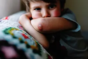Boy Looking At Camera Drucke: Close up of young boy with bruised elbow, looking at camera