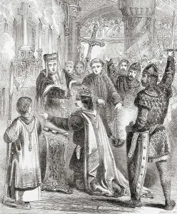 Drucke von Die Krönung Wilhelms des Eroberers, 1066. Wilhelm I, um 1028 - 1087, auch bekannt als Wilhelm der Eroberer und Wilhelm der Bastard. Erster normannischer König Englands Juli Drucke: Die Krönung Wilhelms des Eroberers.