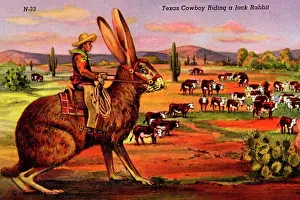 Drucke von Ein Cowboy reitet auf einem springenden Hirschkäfer durch die texanische Prärie Kunstwerke Des Surrealismus Drucke: Texas Cowboy reitet einen Hasen.