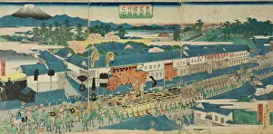Drucke von Daimyo-Prozession in Kasumigaseki in Edo. Utagawa Hiroshige II (Japan, 1826-1869). Vierter Monat 1863. Drucke. Farbholzschnitt-Dreiteiler Utagawa Hiroshige Drucke: Daimyo-Prozession in Kasumigaseki in Edo