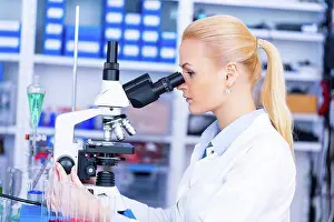 Female Scientist In Lab Drucke: Female scientist using microscope in the laboratory