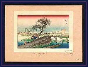 Drucke von Ein Mann jagt sein Hut in einem Sturm Ando Hiroshige Drucke: Ein Mann verfolgt einen Hut während eines Sturms.