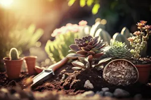 Backyard Gardening Drucke: Gardening tools and earthenware pots on an earthen background