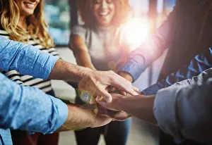 Diverse Workplace Drucke: Hands, group and stack at office with support