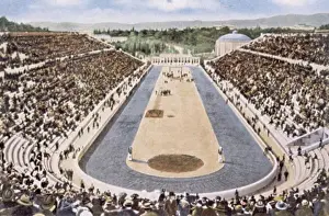 Olympische Spiele Drucke: Hoher Blickwinkel eines Stadions, Olympiastadion, Athen, Griechenland, um 1906.