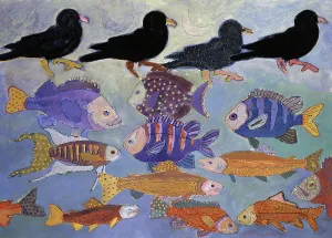 American Artist Paintings Drucke: Moons And Crows On Fish