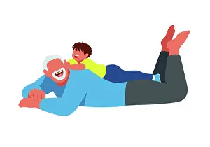 Intergenerational Love Drucke: A joyful child plays on a smiling elderly man's back against a plain white background
