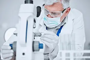 Healthcare Professional Work Drucke: Microscope, science and study with old man in laboratory for pharmacy