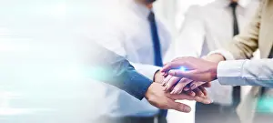 Office Collaboration Drucke: Mockup, teamwork and business people with stack of hands for support