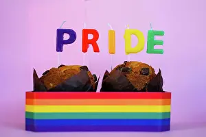 LGBT Pride Flag Drucke: Two muffins with candles and Pride flag