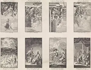 Drucke von Acht neutestamentliche Szenen auf einem Blatt, Kupferstecher: Jan Luyken, (auf dem Objekt erwähnt), Verleger: weduwe Pieter Arentsz und Cornelis van der Sys (II), Amsterdam, 1712, Papier, Radierung Jan Luyken Drucke: Acht Szenen aus dem Neuen Testament auf einer Blatt.