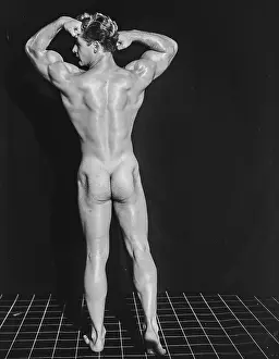 Vintage Bodybuilder Drucke: Nude Bodybuilder Back Double Biceps Flex c.1948