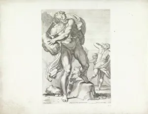 Drucke von Polyphemus wirft einen Stein auf Acis, Carlo Cesio, Nach Annibale Carracci, 1656 Druck Der einäugige Riese Polyphemus wirft einen Stein auf seinen Rivalen Acis Annibale Carracci Drucke: Polyphemus wirft einen Stein auf Acis.