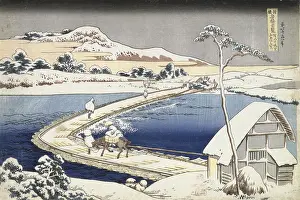 Bildende Kunst Drucke: Pontonbrücke bei Sano, Provinz Kōzuke