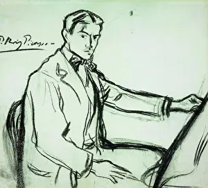Drucke von Bildnis des Künstlers; Bildnis des Künstlers. Pablo Picasso (1881-1973). Kohle auf Papier, auf Holz gelegt. Entwurf aus dem Jahr 1899. 47 x 53,2cm Pablo Picasso Drucke: Bildnis des Künstlers; Bildnis des Künstlers
