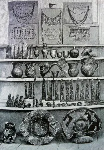 Drucke von Priams Schatz, ein Depot aus Gold und anderen Artefakten, das der klassische Archäologe Heinrich Schliemann (1822-1890) entdeckt hat, ein deutscher Pionier in dem Bereich der Archäologie Heinrich Schliemann Drucke: Priams Schatz