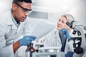 Healthcare Collaboration Drucke: Science, research and team with documents in laboratory for analytics report