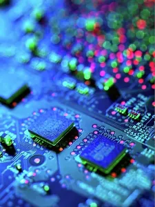 Data Transmission Technology Drucke: Close up detail of blue computer circuit board