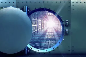 Binary Code Drucke: Open vault door revealing computer servers and binary code