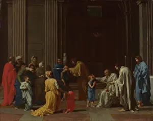 Drucke von Ein junger Mann wird von einem Bischof bestätigt, während die Heiligen Geister über ihn wachen Nicolas Poussin Drucke: Die Bestätigung durch Poussin