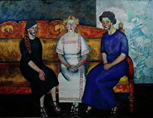 Drucke von Drei Schwestern auf dem Sofa von Mashkov, Ilya Ivanovich (1881-1958) Regional M. Vrubel Kunst Museum, Omsk 1911 Russland Öl auf Leinwand Gemälde Portrait, Genre Alle Bilder Drucke: Drei Schwestern auf dem Sofa von Mashkov