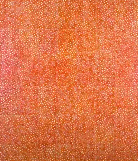 Drucke von Kleine Kreise werden mit Enkaustik-Mittel aufgebaut, um winzige Perlen-Tropfen zu schaffen, die sich gegen einen Hintergrund aus orangem Collage-Material abheben Zeitgenössische Kunst Drucke: Kleine Kreise werden mit Enkaustikmittel aufgebaut