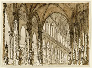 Drucke von Bühnenbild: Innenansicht einer gotischen Kathedrale, Giuseppe Barberi, Italienisch, 1746-1809, Tusche und braune Tinte Juni Drucke: Bühnenbild: Innenraum einer gotischen Kathedrale