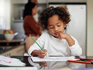 Child Learning At Home Drucke: Thinking child, school learning and coloring with development and knowledge in home
