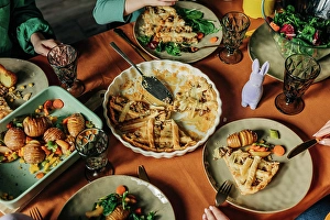 Family Mealtime Moments Drucke: Various food kept on dining table at Easter dinner
