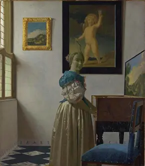 Drucke von Vermeer, Jan (Johannes) (1632-1675) National Gallery, London Gemälde 51, 7x45 cm, 2 Genre Eine junge Frau steht an einem Virginal Johannes Vermeer Drucke: Vermeer, Jan (Johannes) (1632-1675) National Gallery