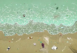 Plastic Waste On Beach Drucke: View from above pollution on ocean beach