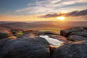 Derbyshire Landscape Drucke: View from Stanage Edge at sunset