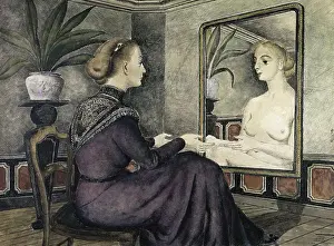 Surrealismus Drucke: Frau vor ihrem Spiegel von Paul Delvaux, 1948, Geboren 1897, Sammlung Claude Spaak