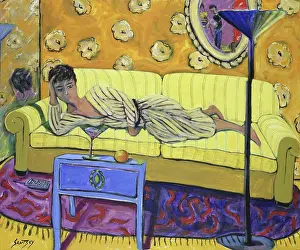Frau auf gelber Couch 1999 Erik Slutsky (20. Jh. kanadisch) Öl auf Leinwand