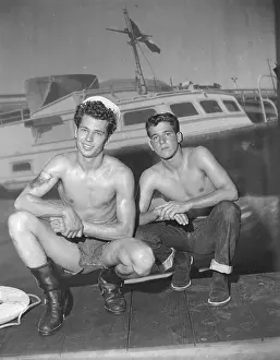 Black And White Sailor Photos Drucke: Two Young Shirtless Mariners c.1956