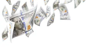 One Hundred Dollar Bill Drucke: Several 100 dollar bills falling from above on white background