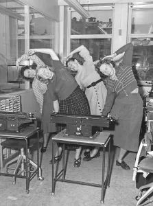 Black And White Interior Photo Drucke: In the 1940s. The decade when people started to exercise during working hours