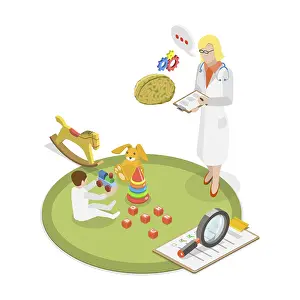 Healthcare System Concepts Drucke: 3D Isometric Flat Illustration of Child Development Assessment