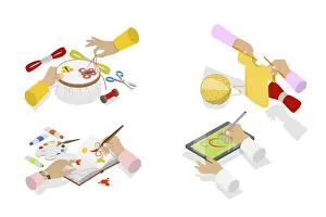 Office Supplies Equipment Drucke: 3D Isometric Flat Illustration of Creative Workshop