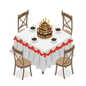 Modern Architectural Style Illustration Drucke: 3D Isometric Flat Illustration of Dining Room Table