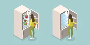 Isometric Flat Design Drucke: 3D Isometric Flat Illustration of Full And Empty Refrigerator