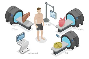 Magnetic Resonance Imaging MRI Drucke: 3D Isometric Flat Illustration of Techniques Body Diagnostics