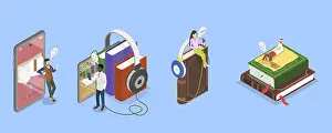3D isometrische Flachillustration einer virtuellen Bibliothek.