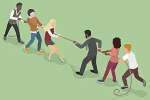 Business Teamwork Drucke: 3D Isometric Flat Illustration of Workers Competitors Pull Rope